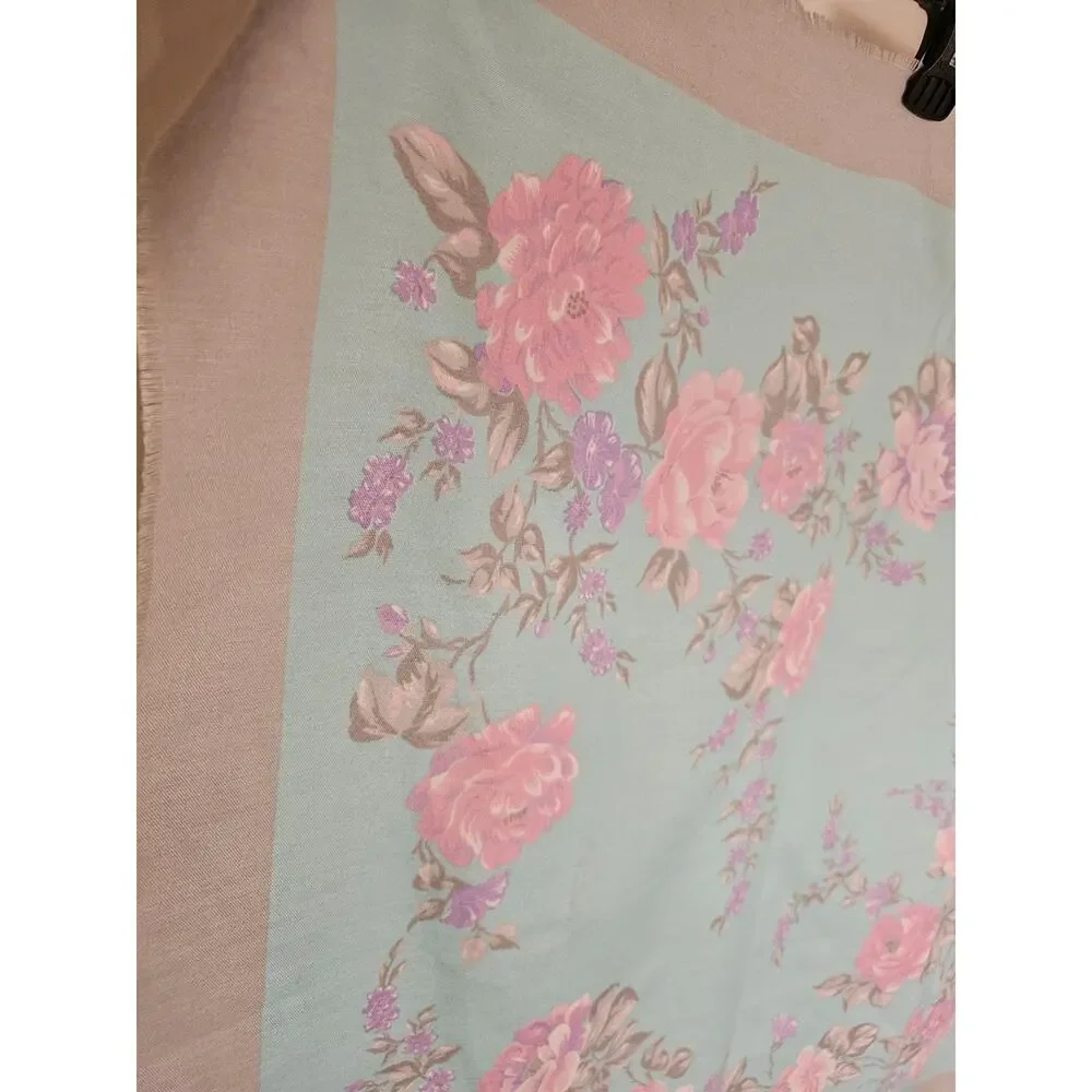 Made In Italy Pastel Floral Light Blue Scarf with Pink Roses